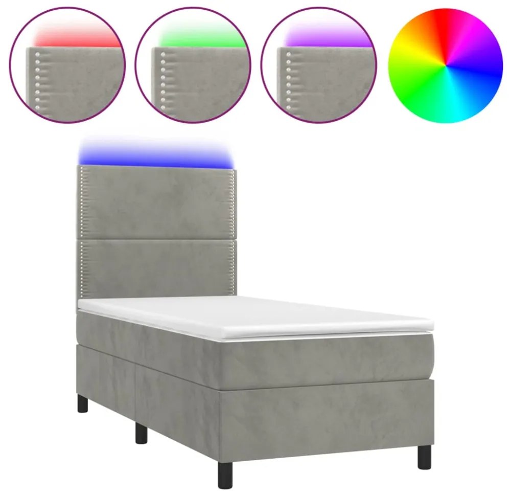 világosszürke bársony rugós és LED-es ágy matraccal 80 x 200 cm