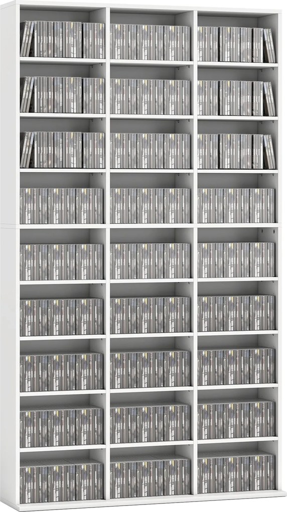 HOMCOM CD/DVD polc 835 CD-hez vagy 500 DVD-hez, Blu-ray tároló 27 rekesszel és 21 állítható polccal, média torony nappaliba, hálószobába vagy irodába,