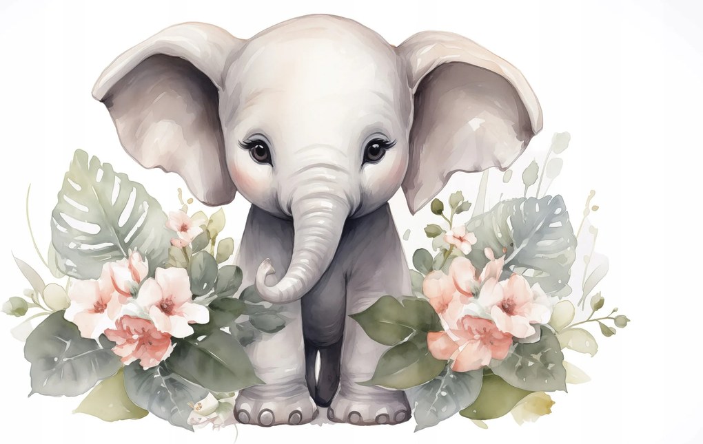 Fotótapéta Elefánt rózsákkal akvarell gyerekszoba 254x184 vinil +ragasztó