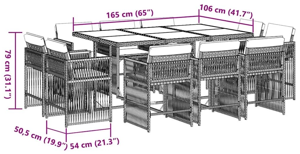 11 részes fekete polyrattan kerti étkezőgarnitúra párnákkal