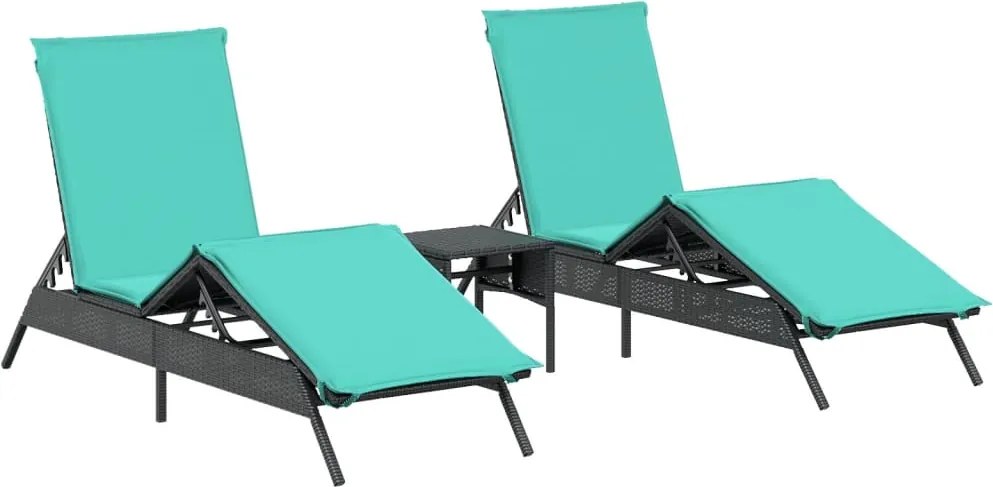 vidaXL 2 db fekete polyrattan napozóágy asztallal
