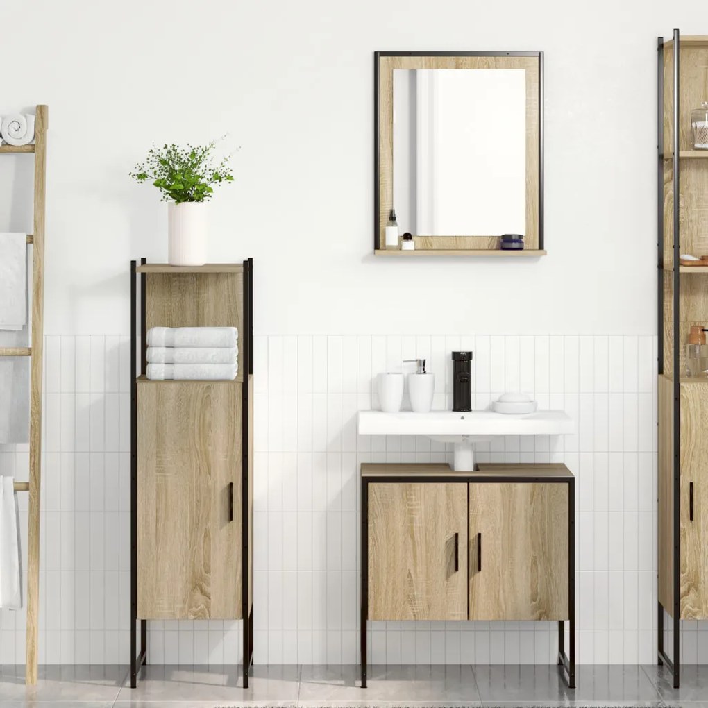 3 darabos Fürdőszoba Bútor Szett Sonoma tölgy Műanyag, Fürdőszoba Tükör Polccal Sonoma tölgy 50x12x60 cm Műanyag