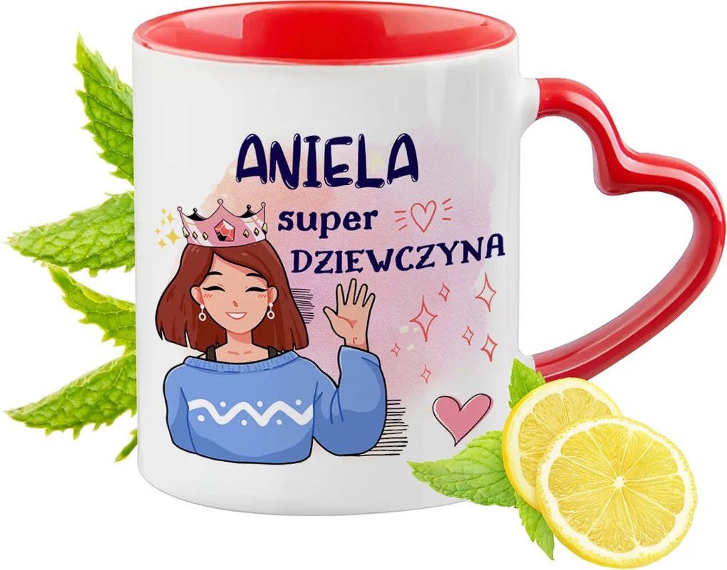 Piros bögre szív alakú füllel angyaloknak ajándékba