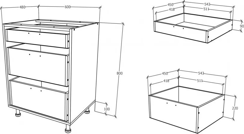 Benita 3 fiókos Alsó konyhaszekrény Bronz Tölgy-Fehér 60x50x80 cm N
