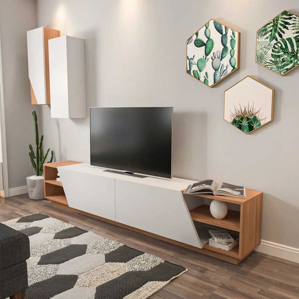 Zebra TV-állvány, fehér-teak, 240 cm
