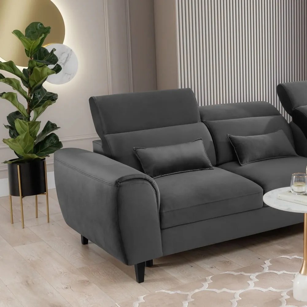 Sötétszürke bársony kinyitható-tárolóhelyes sarokkanapé (jobb oldali-heverő résszel) Foble – ELTAP