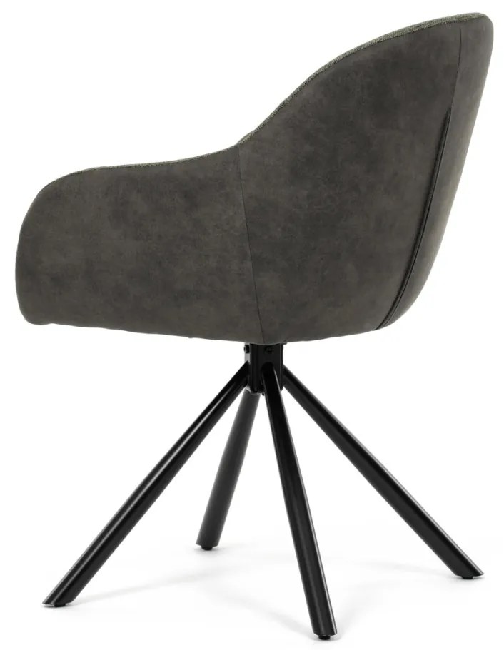 Scaun de sufragerie pivotant, țesătură verde și țesătură gri închis, cu decor vintage din piele, metal negru, rotativ P90°+ L90° cu mecanism de retragere