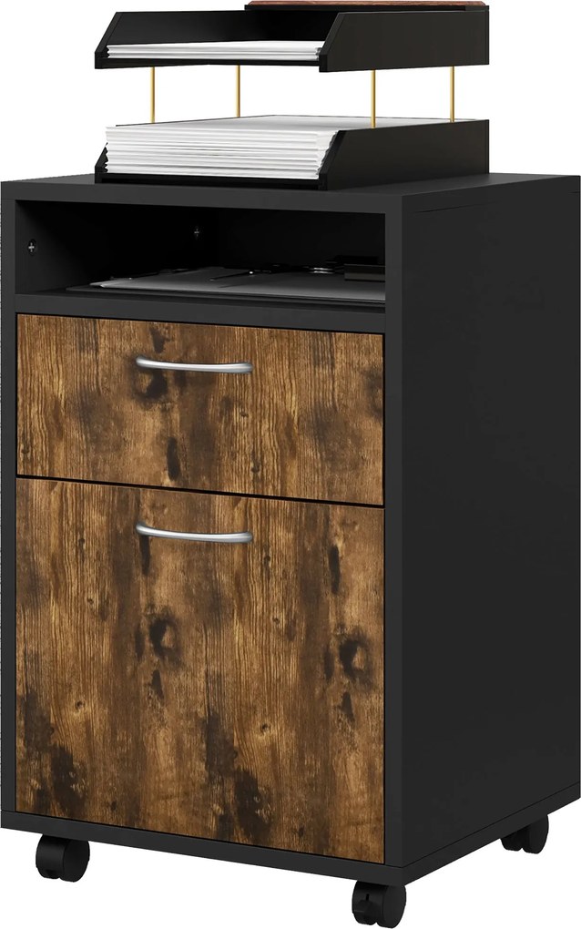 HOMCOM Irodai Dokumentumtartó Fiókos Szekrény 4 Kerekével, Nyitott Polccal és 2 Fiókkal, Fa és Fém Irodai Szekrény, 40x35x60 cm, Barna és Fekete | Aos