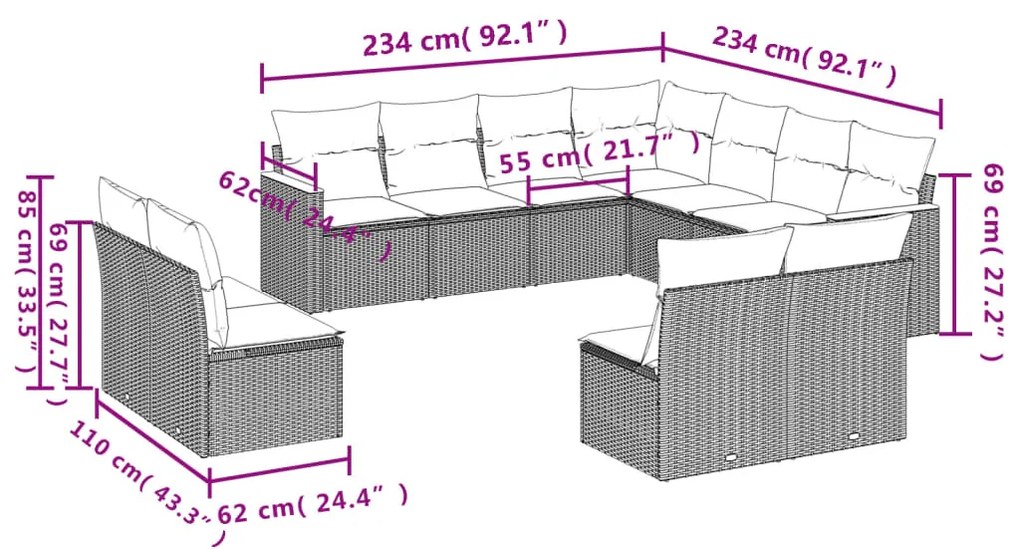 11 részes fekete polyrattan kerti ülőgarnitúra párnákkal