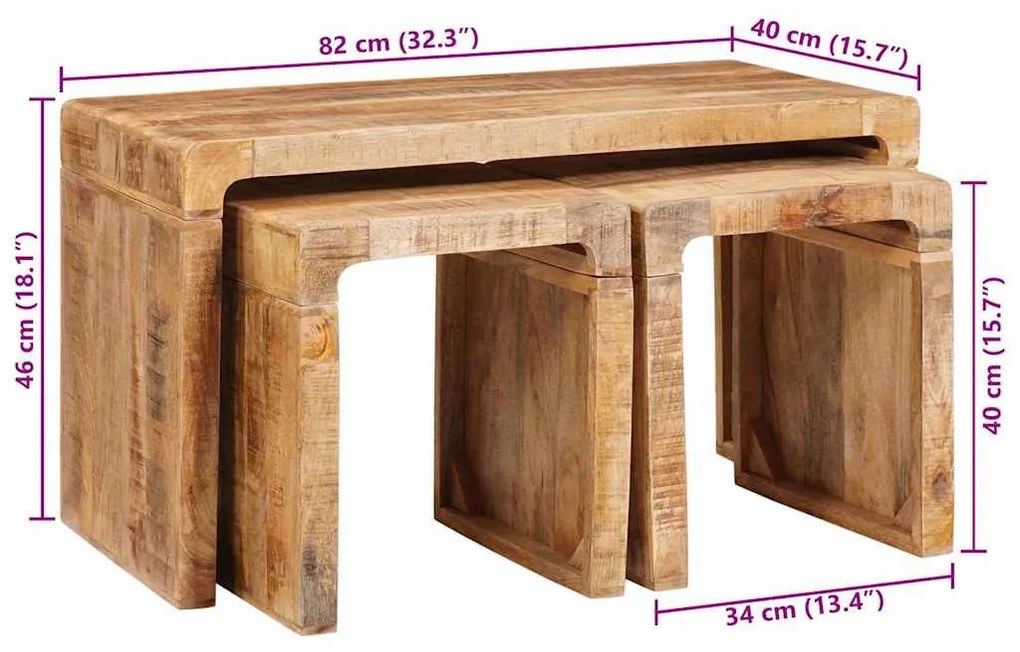 Egymásba helyezhető asztalok 3 pcs tömör mangófa
