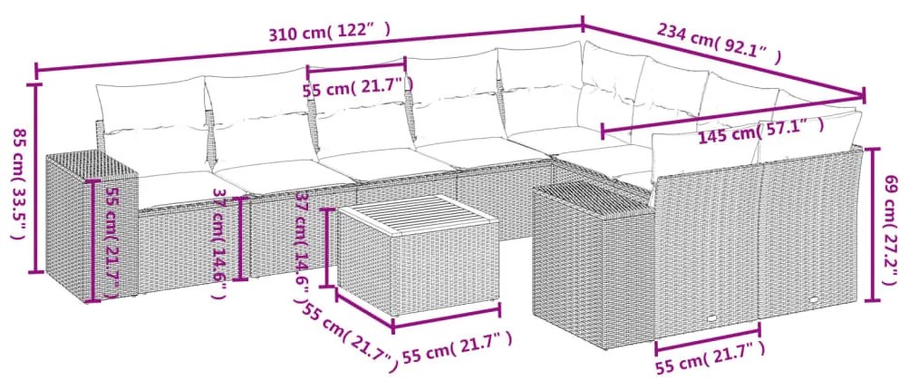 10 részes bézs polyrattan kerti ülőgarnitúra párnával