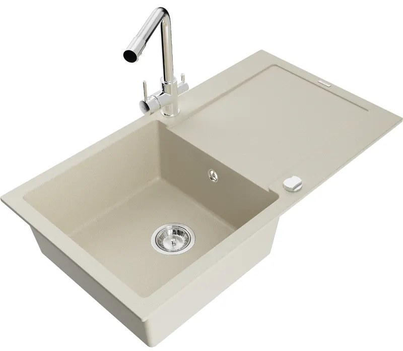 Mexen Leo, gránit mosogató 900x500x190 mm, 1 kamrás és Duero króm csaptelep, bézs, 6501-69-671600-00