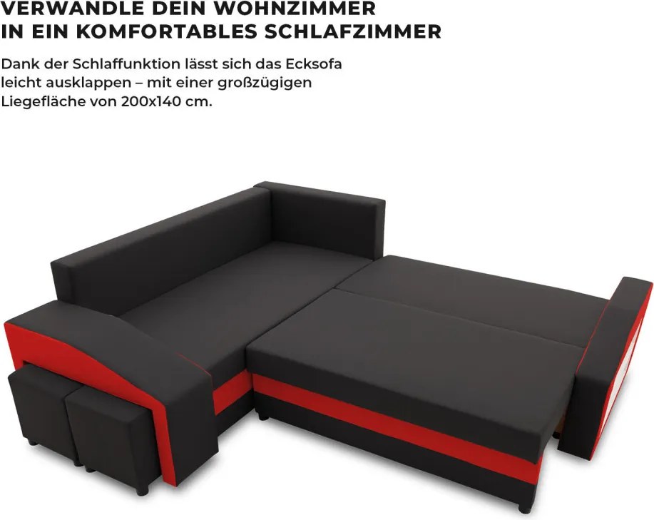Grande sarokkanapé polcokkal és puffokkal , polc a jobb karfaban puffok a bal karfaban, baloldali, szövet anyag, hab töltet, fekete - piros