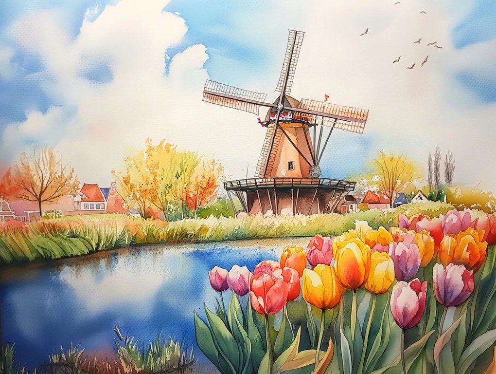 Vászonkép Canvas Tájkép Hollandia Tavasz Tulipánok Szélmalom Nyár 80x60