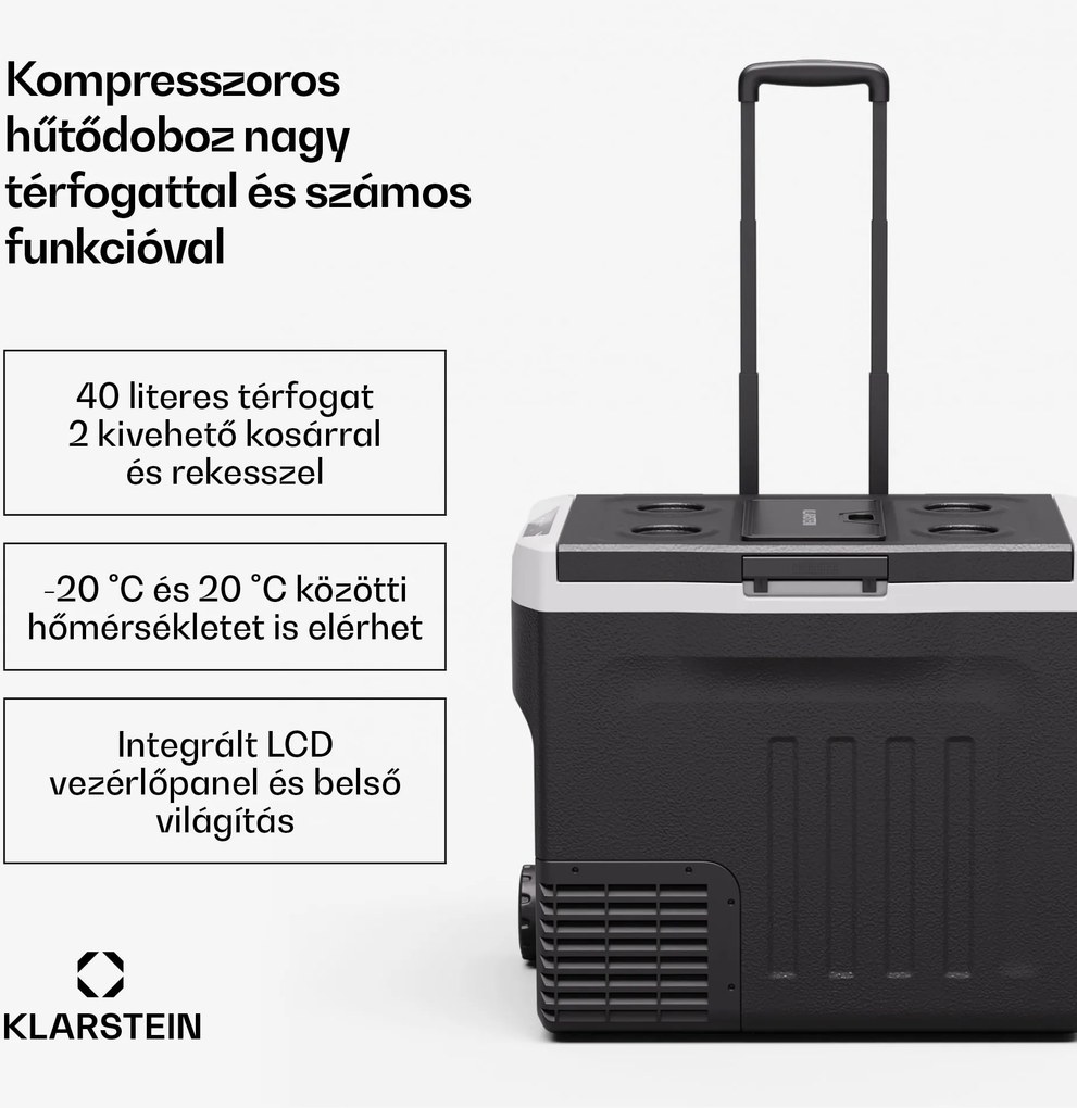 Klarstein PolarForce 37 l kompresszoros hűtődoboz, LCD panel, világítás, off-road, akkumulátorvédelem, 12V/230V