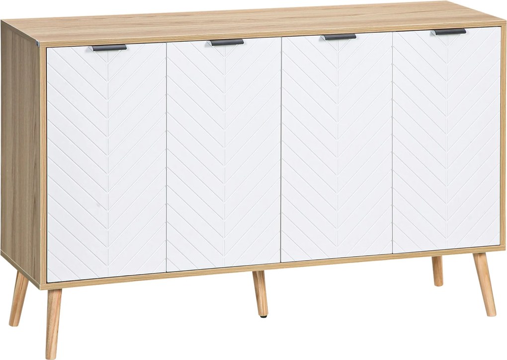 HOMCOM Konyha Oldalszekrény 4 Heringmintás Ajtóval - Fa Lábakkal és Állítható Polcokkal, Buffet Szekrény Étkezőbe és Nappaliba 120x35x77,4 cm Fehér és