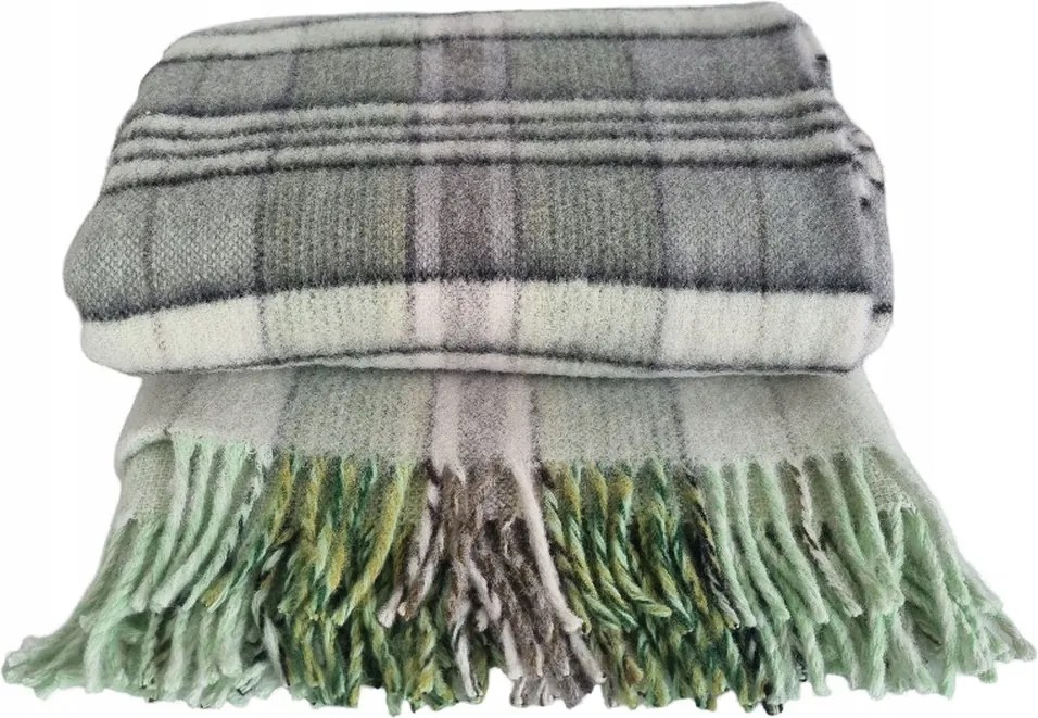 Gyapjú takaró rojtokkal 150x200 lengyel gyapjú kockás pisztácia szürke