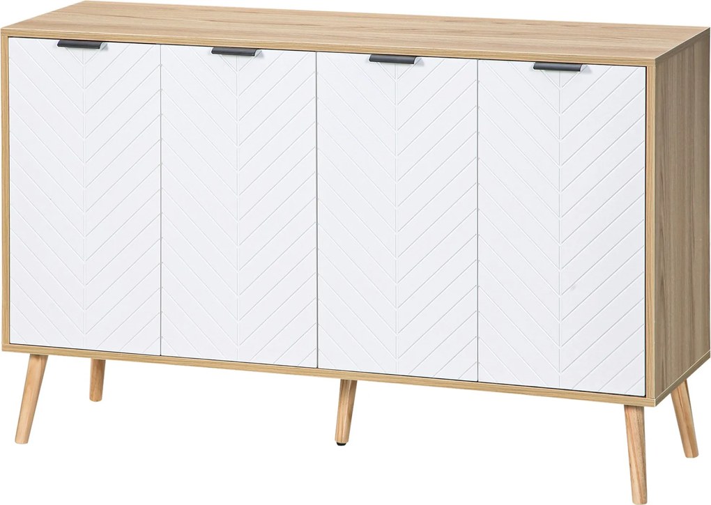 HOMCOM Konyha Oldalszekrény 4 Heringmintás Ajtóval - Fa Lábakkal és Állítható Polcokkal, Buffet Szekrény Étkezőbe és Nappaliba 120x35x77,4 cm Fehér és