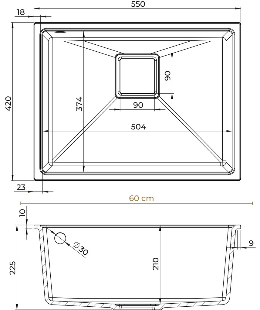 Mosogató Minőségi Argon 60, konyhai gránit mosogató 550x420x225 mm + króm szifon, fehér, SKQ-ARG.W.1KBO.60.X