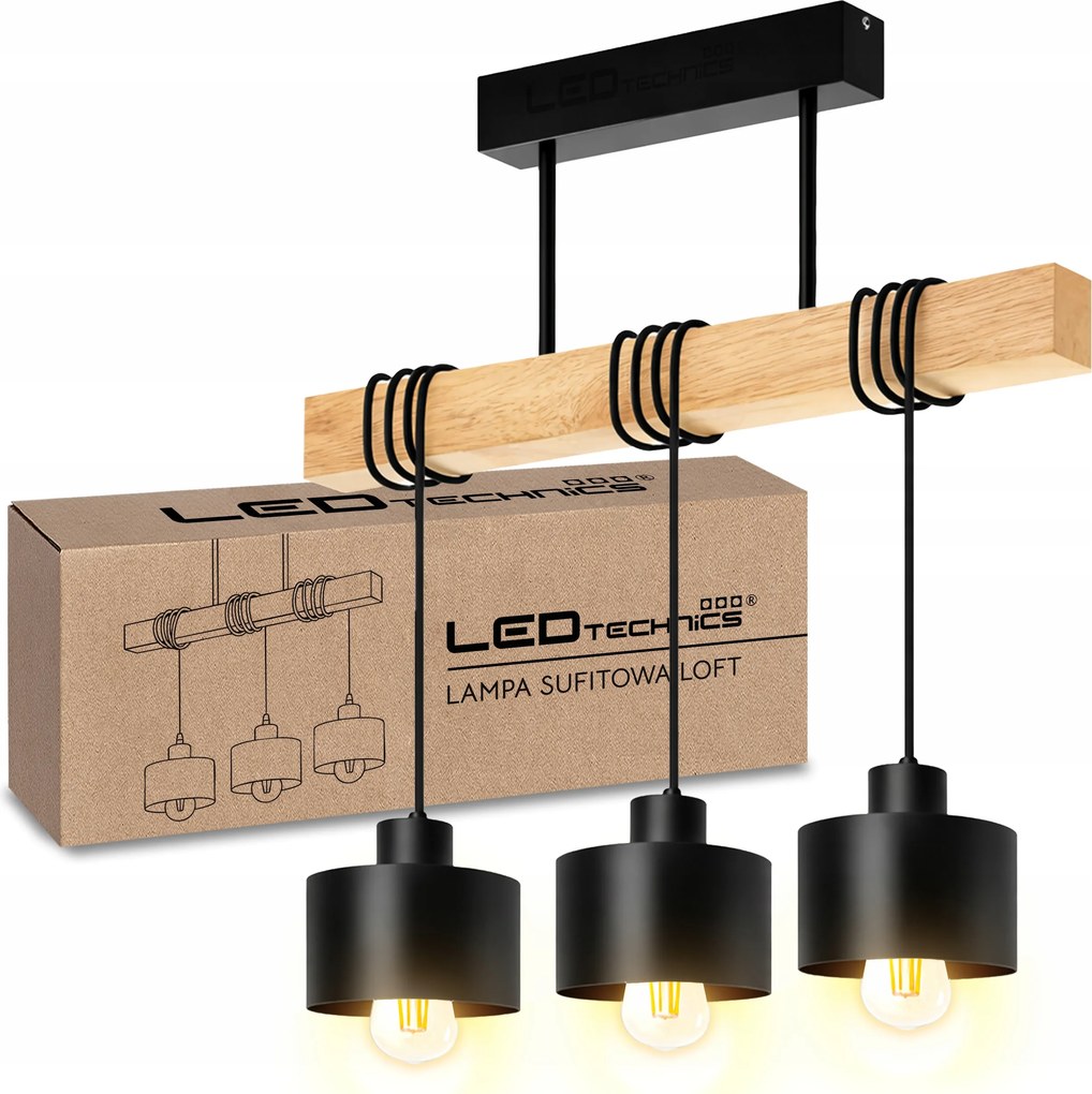 Mennyezeti Függő Lámpa Fekete Modern Loft Csillár Fa 3x E27