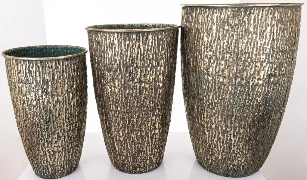 Kaspó 3 db-os szett, arany, zöld fém 61x41x41; 54x34x34; 46x28x28cm