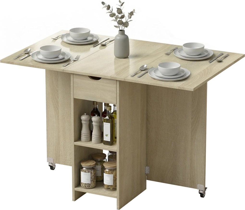 HOMCOM összecsukható étkezőasztal fiókkal és 2 polccal, 2–4 személyes, modern helytakarékos konyhai/étkező asztal, natúr, 114,5 x 70 x 75 cm | Aosom