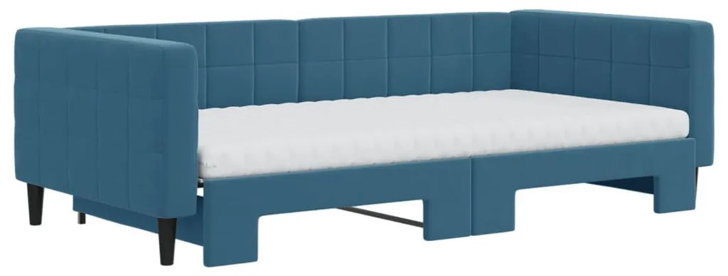 kék bársony kihúzható heverő matraccal 100 x 200 cm