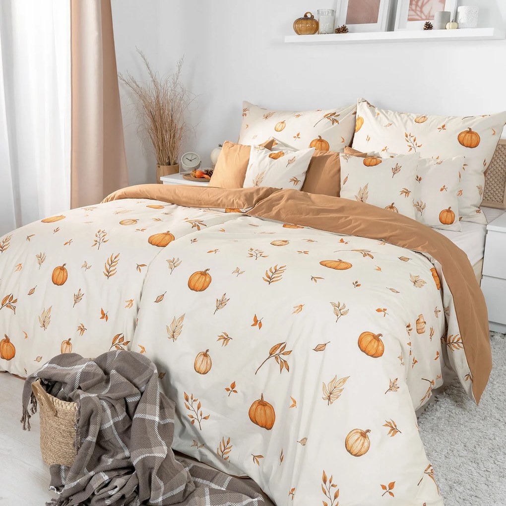 Goldea pamut ágyneműhuzat duo - őszi tökök és levelek, barna színű hátoldal 140 x 220 és 70 x 90 cm