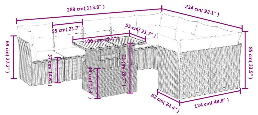 10 részes szürke polyrattan kerti ülőgarnitúra párnákkal