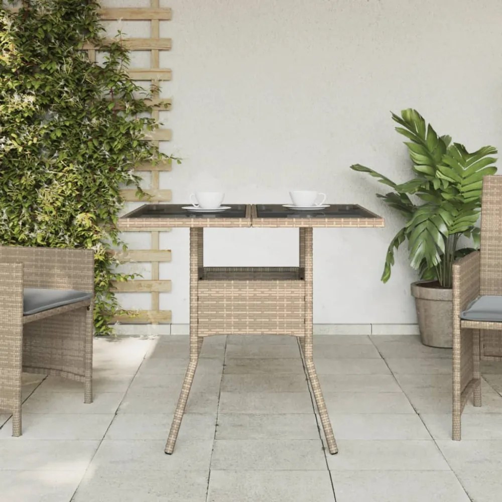 bézs polyrattan üveglapos kerti asztal 80 x 80 x 75 cm