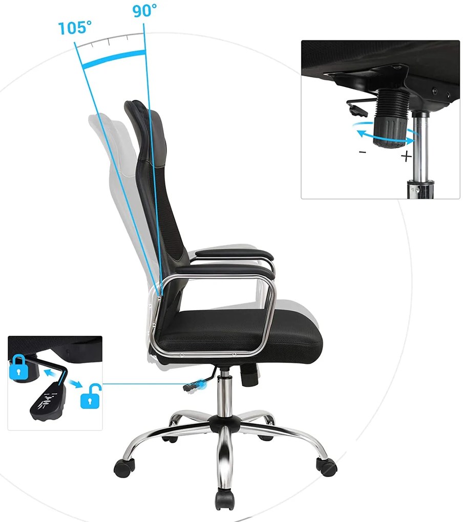 irodai szék, ergonomikus számítógékszék, fejtámlával és deréktámasszal, magasságállítható, fekete