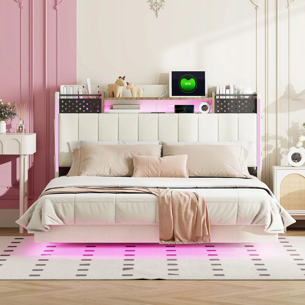 Kárpitozott ágy 140*200 Franciaágy Usb Led aljzat Lenvászon Bézs