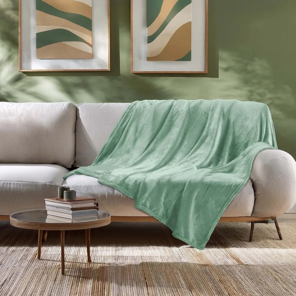 Világoszöld mikroflanel takaró 180x220 cm Flanou – douceur d'intérieur