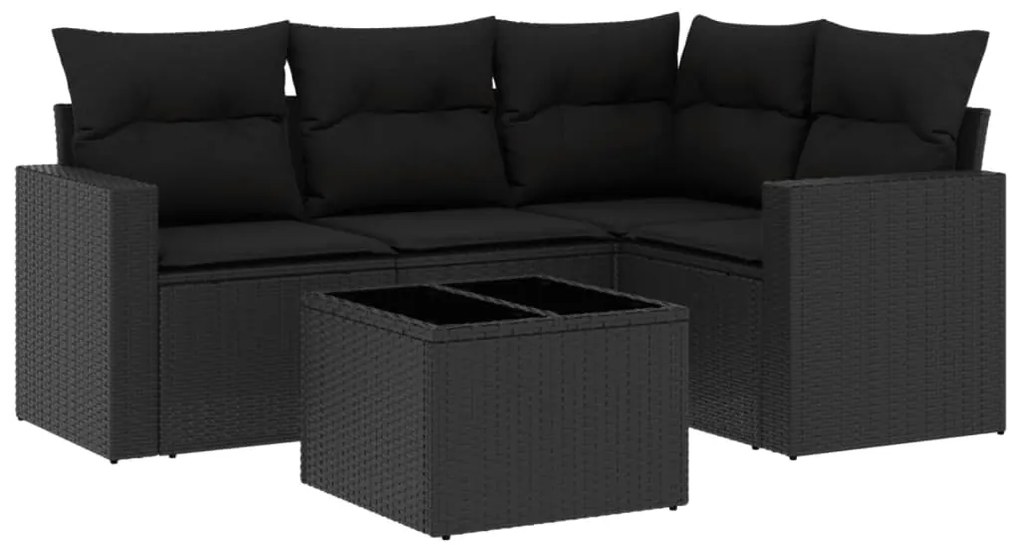 5 részes fekete polyrattan kerti kanapészett párnákkal