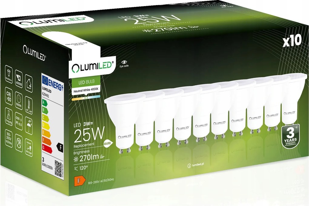 10x Led izzó GU10 3W 4000K Semleges Fehér 120° Nagy Teljesítményű Prémium CCD