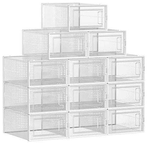 Cipődobozok, 12 darabos készlet, műanyag cipőrendező 44-es méretig, átlátszó-fehér