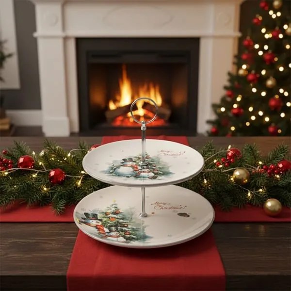 Hóemberes karácsonyi kerámia emeletes süteményestál kínáló