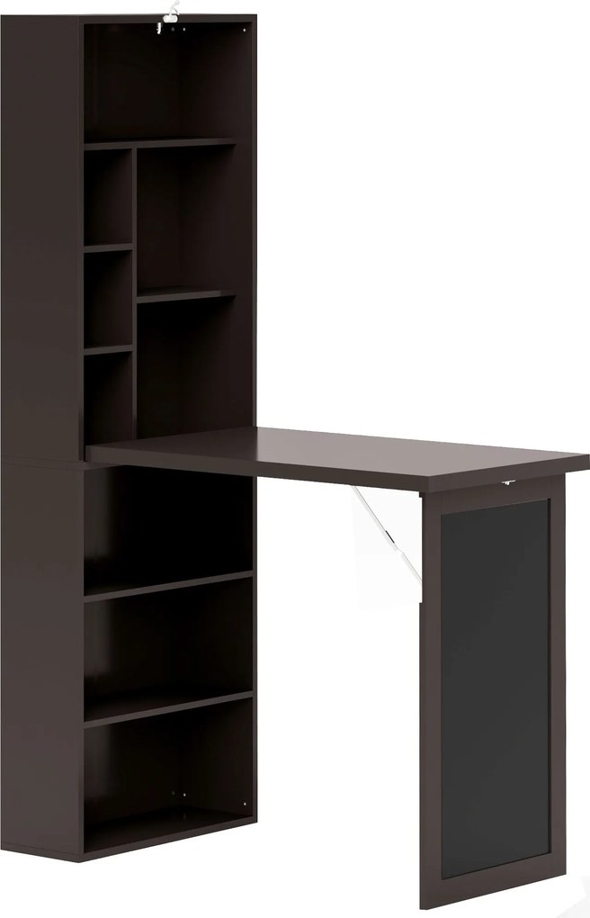 HOMCOM Összecsukható Számítógép Íróasztal, Tárolós Íróasztal, Összecsukható Fali Asztal Könyvespolccal, Munkaállomás, Krétatáblával és Állítható Polcc