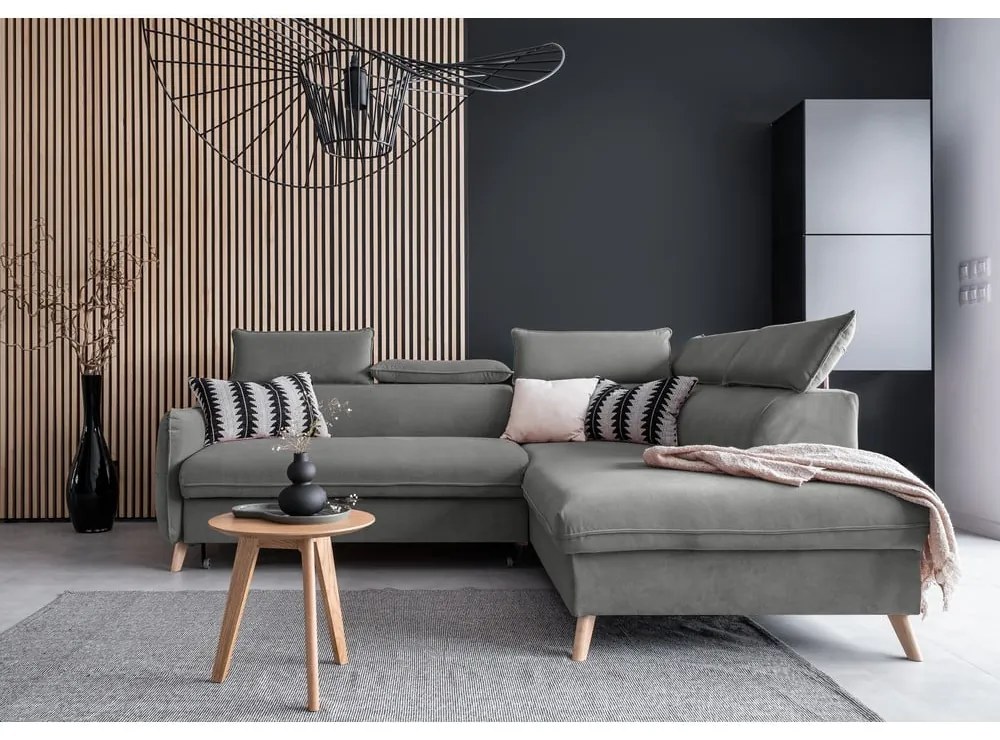 Világosszürke bársony kinyitható sarokkanapé (jobb oldali) Sweet Harmony – Miuform