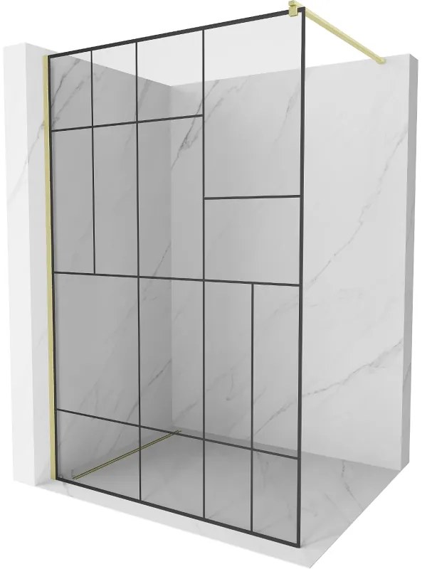 Mexen Kioto, Walk-In zuhany paraván 90 x 200 cm, 8 mm átlátszó üveg fekete mintás, arany matt profil, 800-090-101-55-78