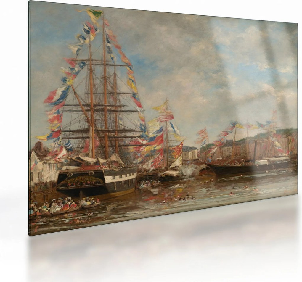 Üveg kép - Eugène Boudin, Festival in the Harbor of Honfleur, reprodukciók (70x50 cm)
