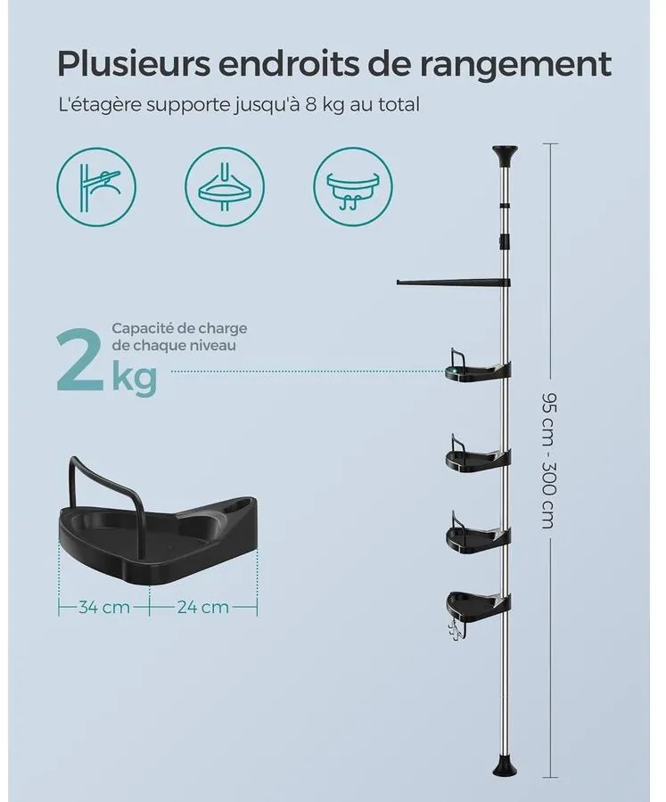 Állítható magasságú zuhanypolc 95-300 cm, teleszkópos  fürdőszobai tároló, ezüst és fekete