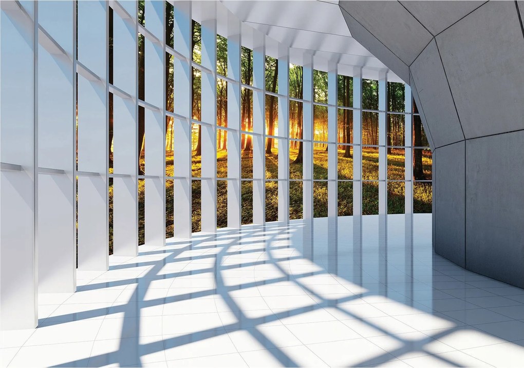 Fotótapéta Fehér szoba erdővel az ablakon túl napsütötte kilátás 200x140 +ragasztó