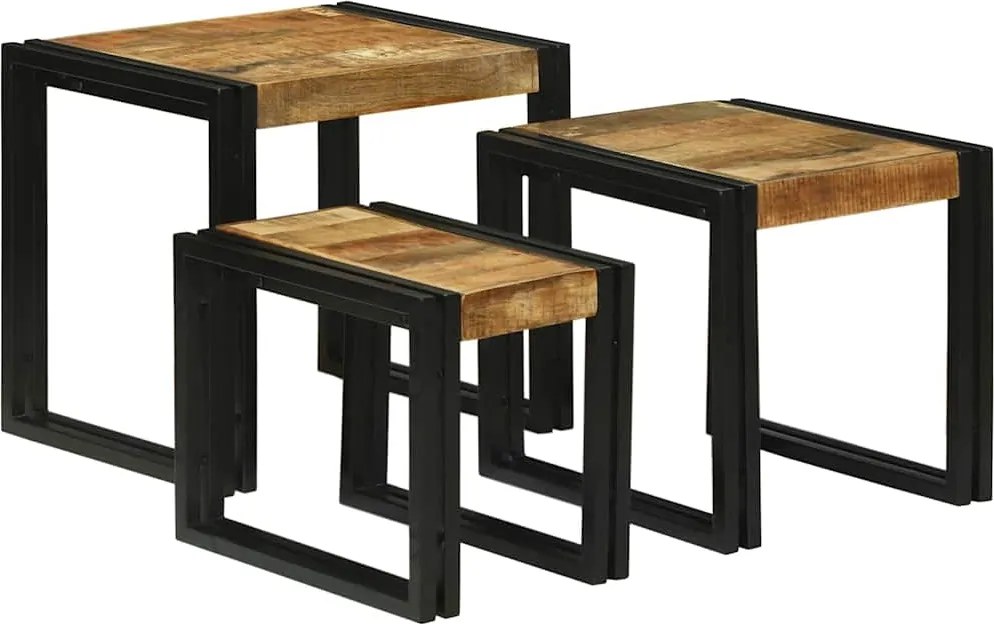 vidaXL Fészekasztal 3 pcs Tömör mangófából és fémből készült