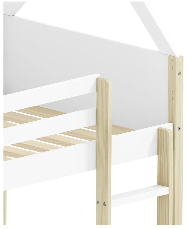 Fehér-natúr színű házikó alakú emeletes gyerekágy 90x190 cm Valka – Marckeric