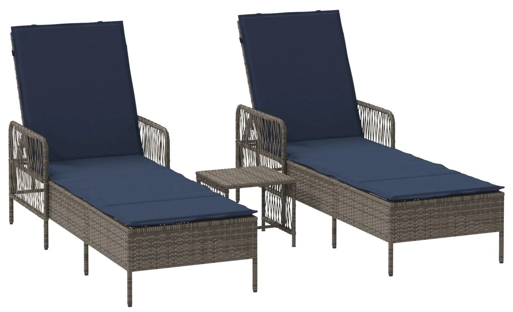 vidaXL napozóágy 3-as szett Szürke és tengerészkék PE rattan, fém
