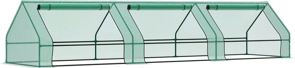Outsunny Vízálló és UV-Védett Kerti Üvegház 3 Felhúzható Ablakkal, Mini Növény Üvegház Acélból és Polietilénből, 400x100x80 cm, Zöld | Aosom