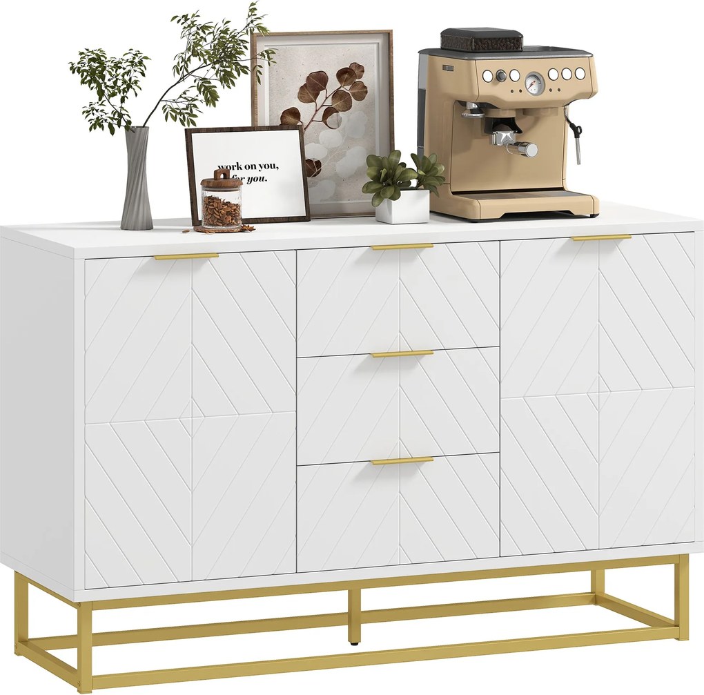 HOMCOM Modern Félfiókos Szekrény 3 Fiókkal, 2 Ajtóval és Állítható Polccal Élőszobához, Konyhához | Antibiztosító 120x40x76 cm Fehér | Aosom