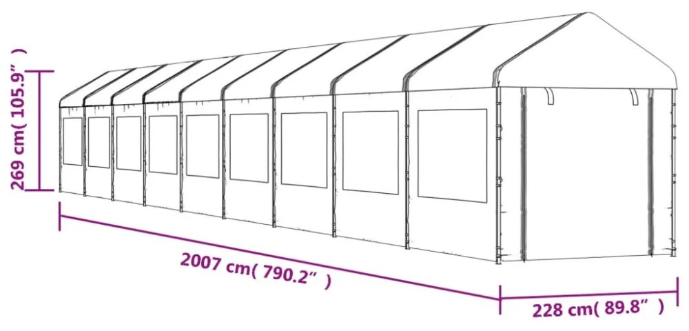 fehér polietilén pavilon tetővel 20,07 x 2,28 x 2,69 m