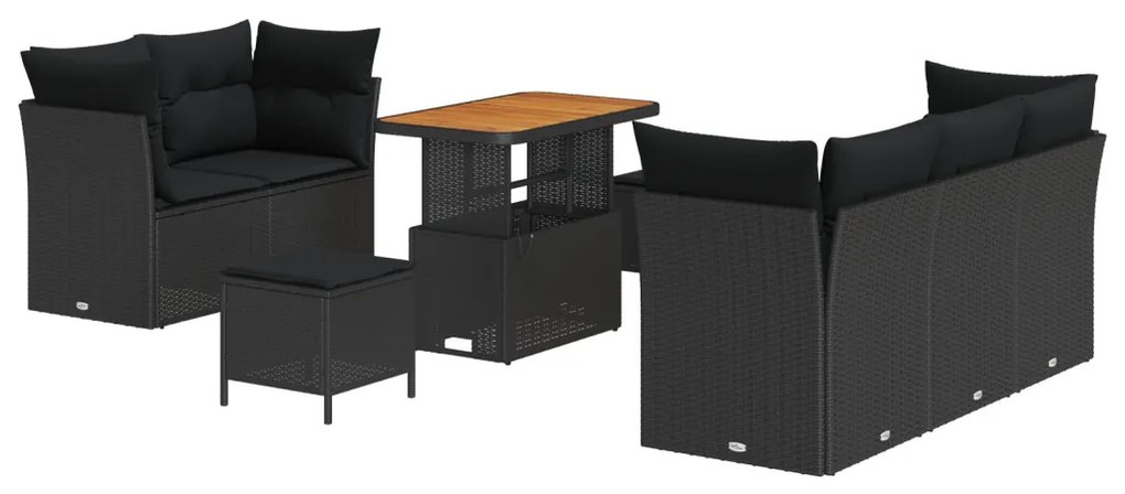 8 Darabos Kerti Sofa Szett Párnákkal Fekete Polirattan Akác, 3 Darabos Kerti Étkező Szett Párnákkal Fekete Polirattan Akác